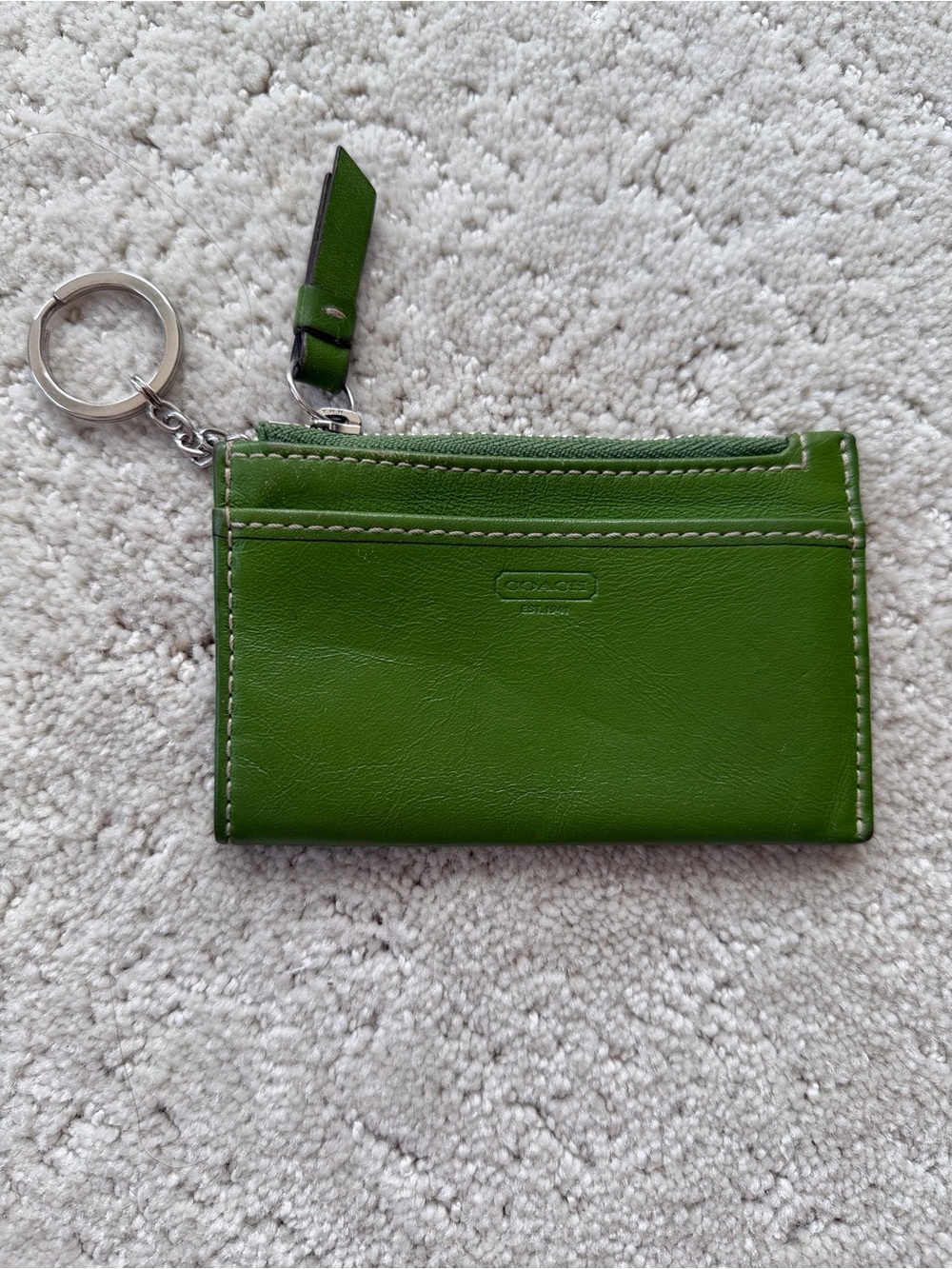 Coach Green Leather Zip Card Case with Key Ring Accent